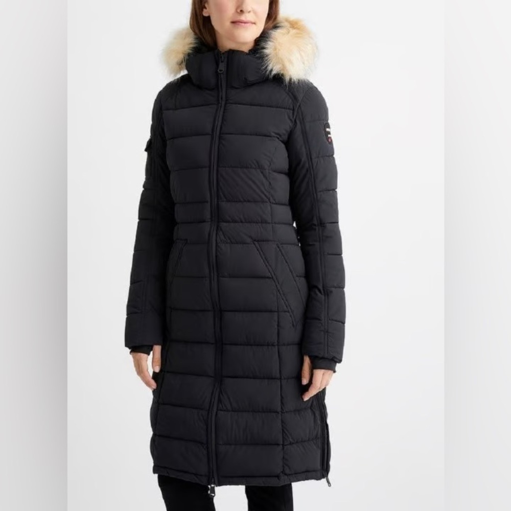 Pajar Black Long Quilted Down Coat with Fur-Trim Hood